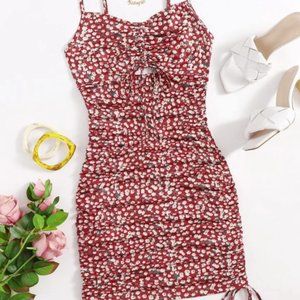 SHEIN Red Cut Out Drawstring Knot Front Ditsy Floral Slip Dress